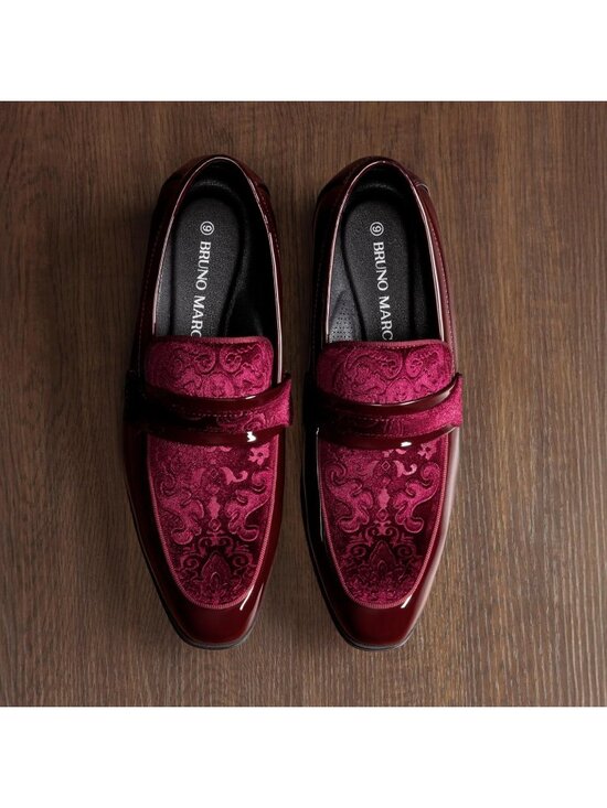 Men\'s Burgundy Tuxedo Patent Loafers Classic Velvet Slip-on Dress Shoes main image 5